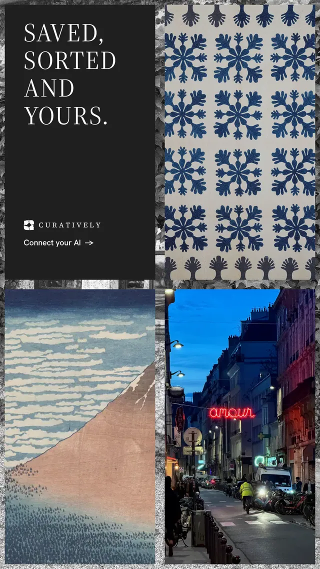 Instagram story for Curatively: "Saved, sorted and yours." Minimal luxury style, collage layout, dark palette in black, grey.