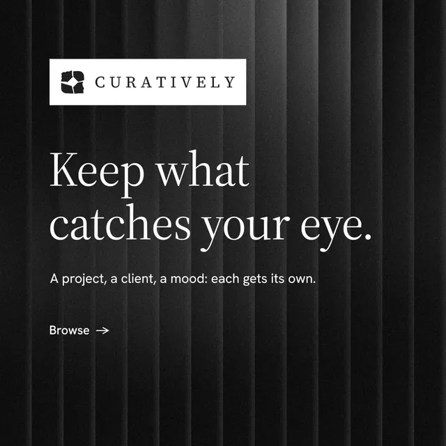Instagram post for Curatively: "Keep what catches your eye." Minimal luxury style, announce layout, dark palette in black, grey.