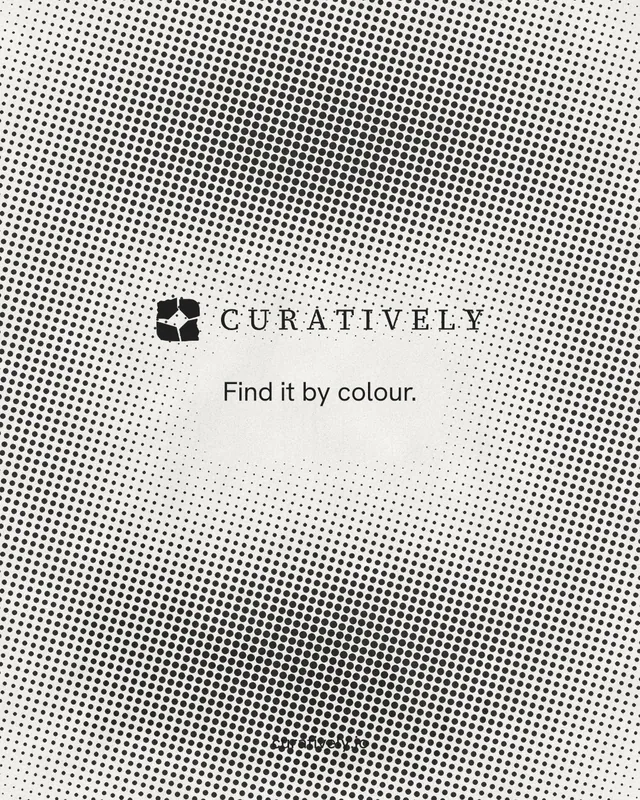 Instagram portrait post for Curatively: "Find it by colour." Swiss style, end card layout, light palette in grey, white.