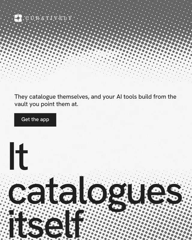 Instagram portrait post for Curatively: "Find it by colour." Swiss style, oversized layout, light palette in white, grey.