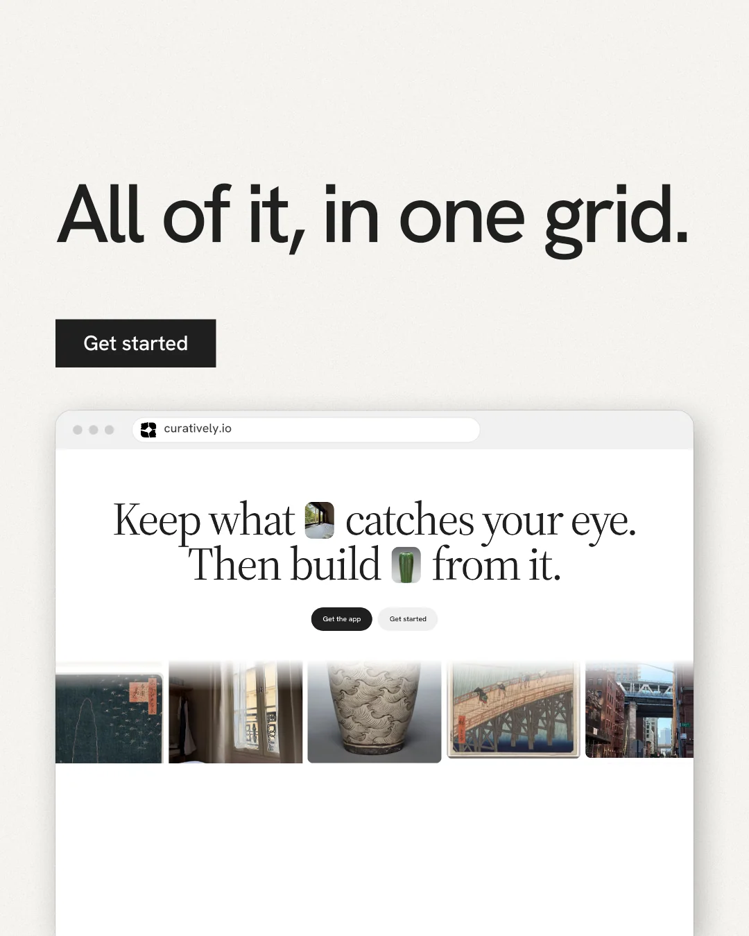 Instagram portrait post for Curatively: "All of it, in one grid." Swiss style, browser layout, light palette in white, grey.
