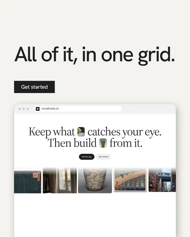Instagram portrait post for Curatively: "All of it, in one grid." Swiss style, browser layout, light palette in white, grey.