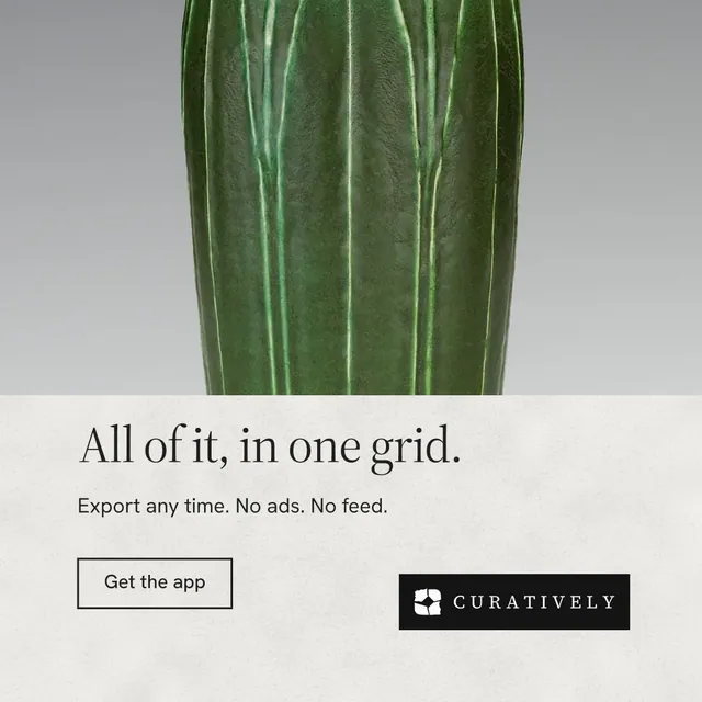 Instagram post for Curatively: "All of it, in one grid." Editorial style, bottom layout, light palette in green, grey, white.