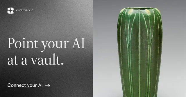 Social ad for Curatively: "Point your AI at a vault." Minimal luxury style, bottom layout, light palette in grey, black.