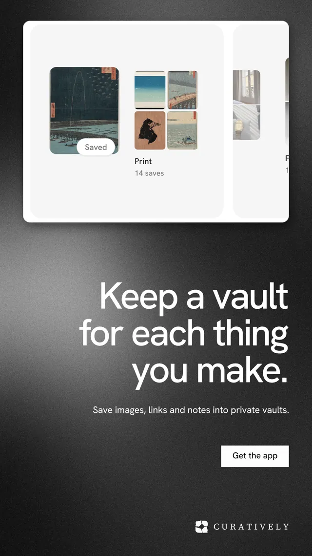 Instagram story for Curatively: "Keep a vault for each thing you make." Swiss style, right layout, light palette in white, grey, black.
