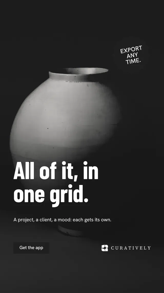 Instagram story for Curatively: "All of it, in one grid." Retro print style, sticker layout, dark palette in black, grey.