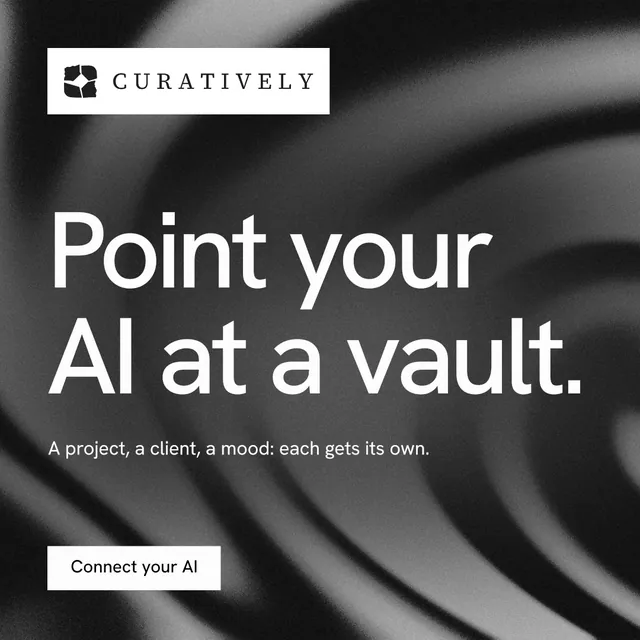 Instagram post for Curatively: "Point your AI at a vault." Swiss style, announce layout, dark palette in black, grey, white.
