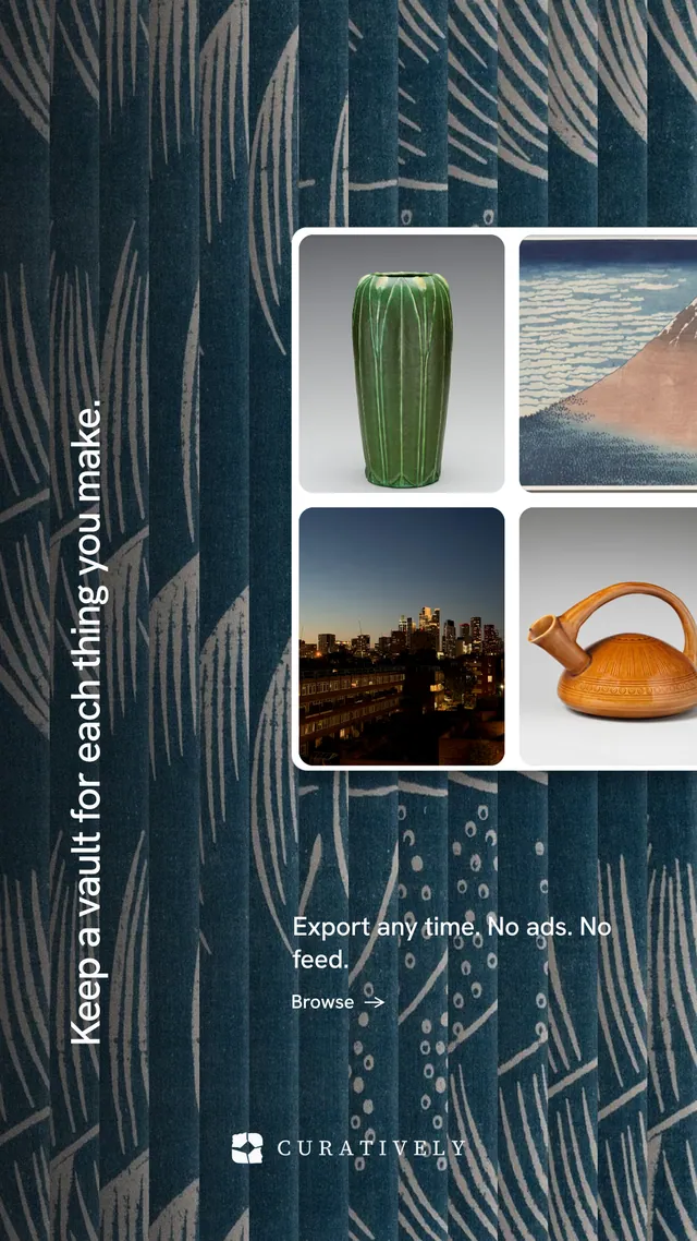 Instagram story for Curatively: "Keep a vault for each thing you make." Minimal luxury style, vertical layout, dark palette in grey, blue, black.