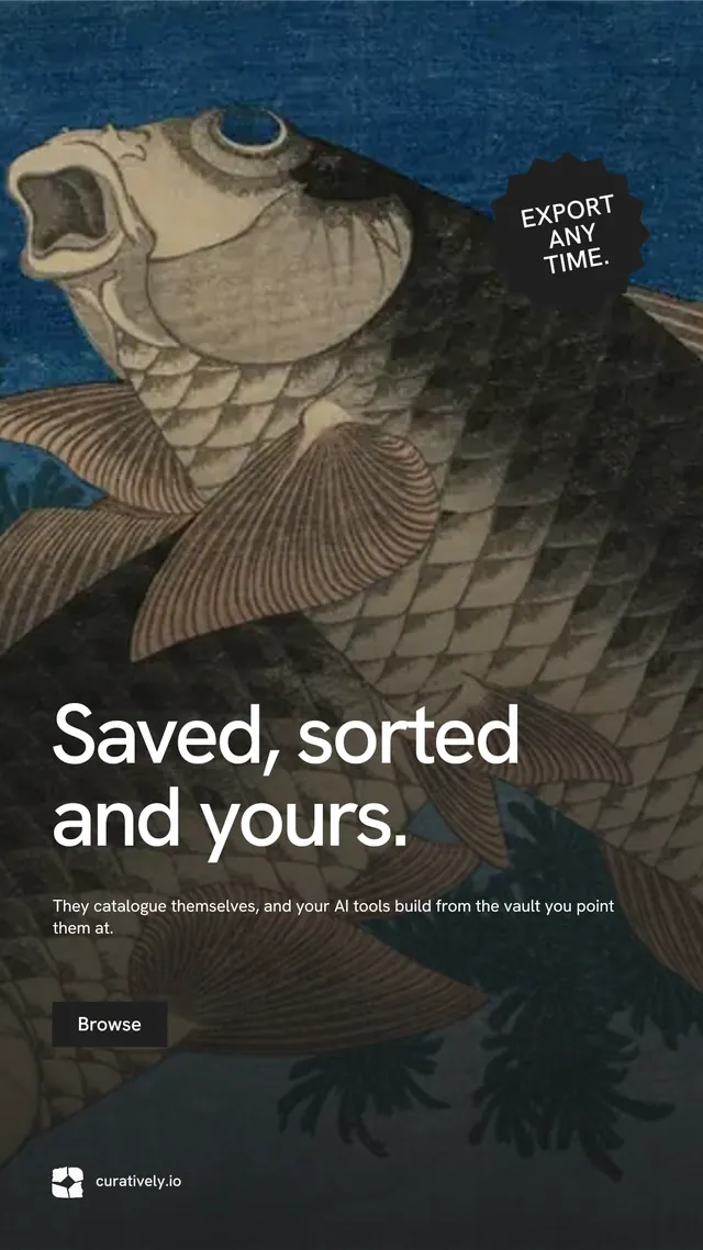 Instagram story for Curatively: "Saved, sorted and yours." Swiss style, sticker layout, dark palette in black, grey, blue.