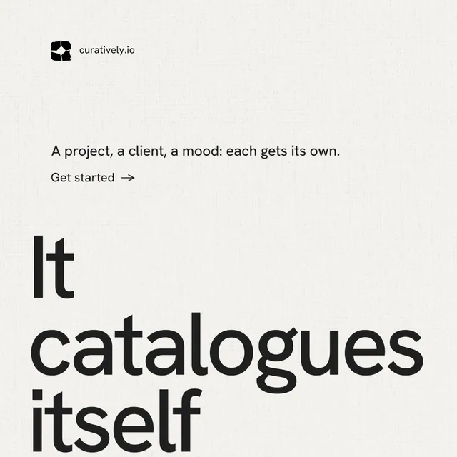 Instagram post for Curatively: "Find it by colour." Minimal luxury style, oversized layout, light palette in white, grey.