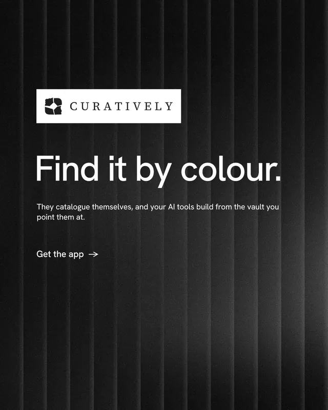 Instagram portrait post for Curatively: "Find it by colour." Minimal luxury style, announce layout, dark palette in black, grey.