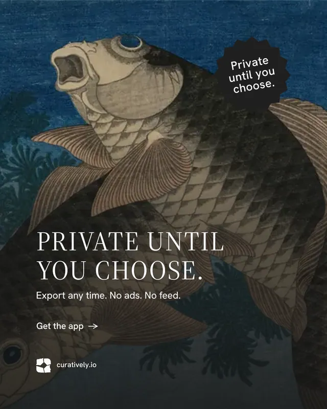 Instagram portrait post for Curatively: "Private until you choose." Minimal luxury style, sticker layout, dark palette in black, grey, blue.