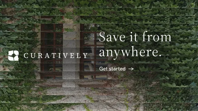 Landscape graphic for Curatively: "Save it from anywhere." Minimal luxury style, logo hero layout, dark palette in black, grey, green.