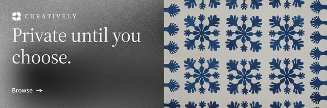 X header for Curatively: "Private until you choose." Minimal luxury style, bottom layout, light palette in grey, black.