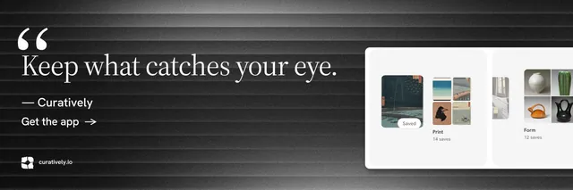 X header for Curatively: "Find it by colour." Minimal luxury style, quote layout, dark palette in grey, black, white.