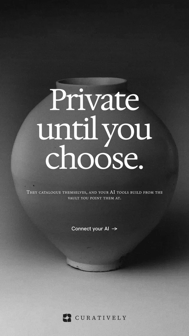Instagram story for Curatively: "Private until you choose." Swiss style, smallcaps layout, dark palette in grey, black.