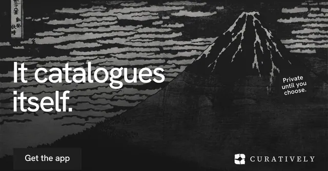 Social ad for Curatively: "It catalogues itself." Swiss style, sticker layout, dark palette in black, grey.