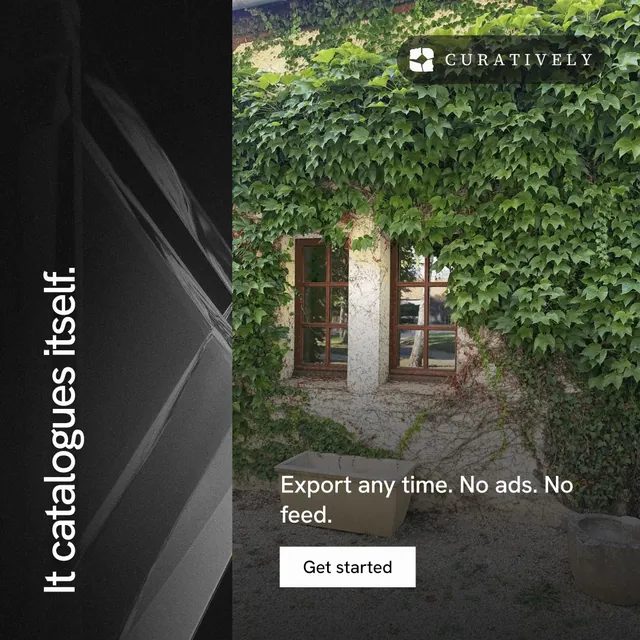 Instagram post for Curatively: "It catalogues itself." Swiss style, vertical layout, dark palette in black, grey.