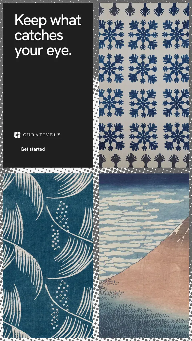 Instagram story for Curatively: "Keep what catches your eye." Swiss style, collage layout, light palette in blue, grey, black.
