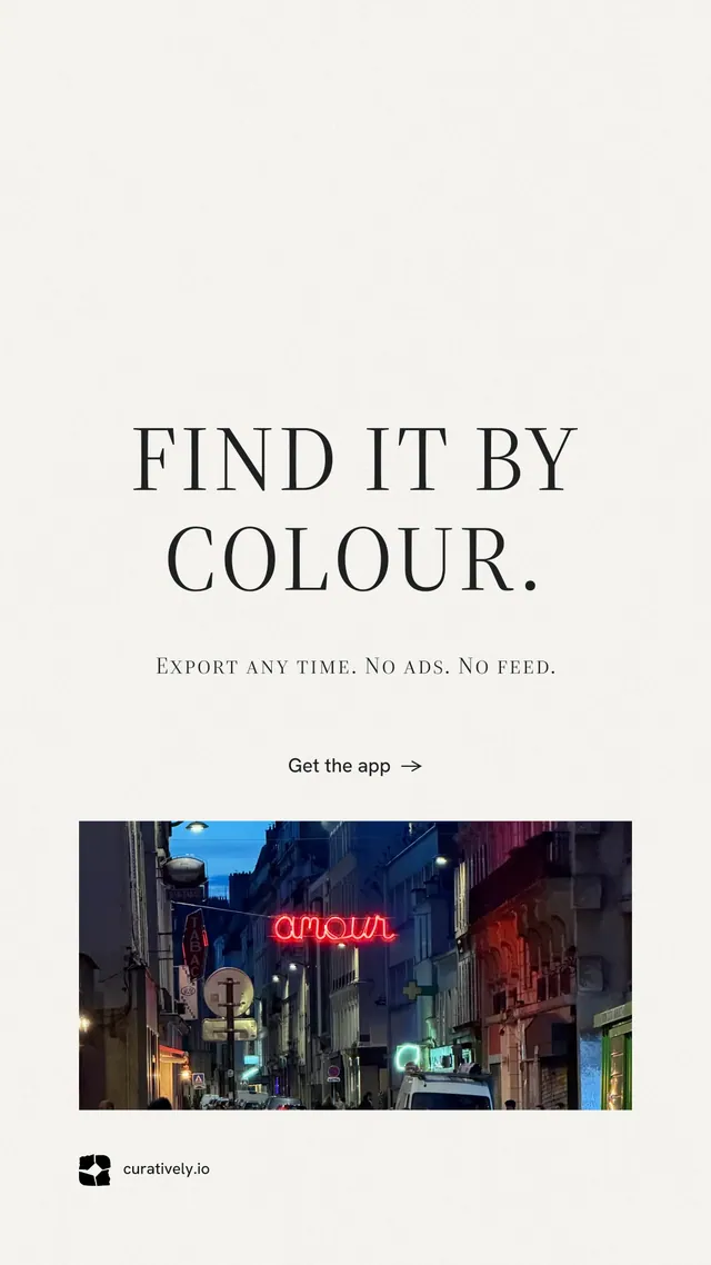 Instagram story for Curatively: "Find it by colour." Minimal luxury style, smallcaps layout, light palette in white, grey.