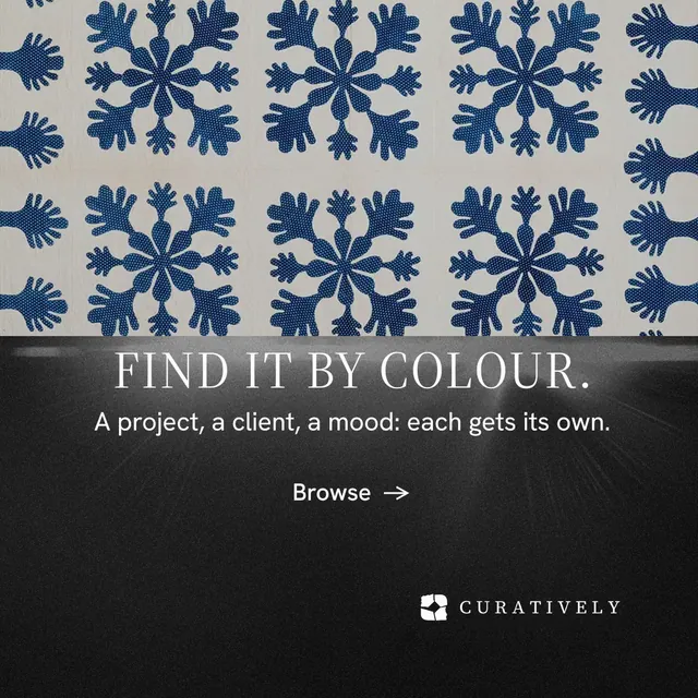 Instagram post for Curatively: "Find it by colour." Minimal luxury style, skeleton layout, dark palette in black, grey.