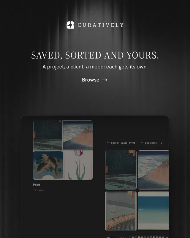 Instagram portrait post for Curatively: "Saved, sorted and yours." Minimal luxury style, centred layout, dark palette in black, grey.