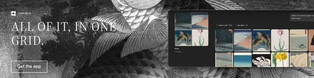 LinkedIn banner for Curatively: "All of it, in one grid." Editorial style, bottom layout, dark palette in black, grey.