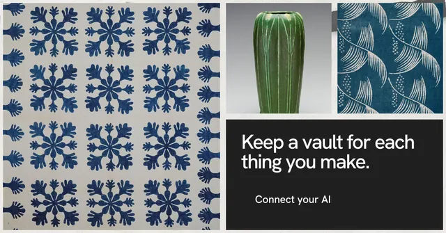 Social ad for Curatively: "Keep a vault for each thing you make." Swiss style, collage layout, light palette in grey, black.