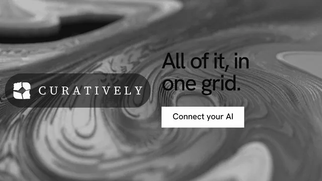 Landscape graphic for Curatively: "All of it, in one grid." Swiss style, logo hero layout, dark palette in grey, black.