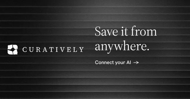 Social ad for Curatively: "Save it from anywhere." Minimal luxury style, logo hero layout, dark palette in black, grey.