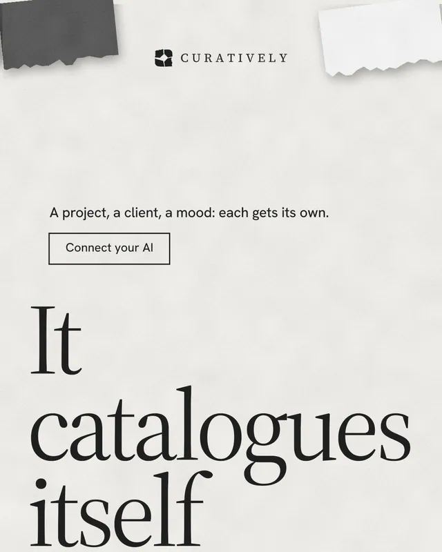 Instagram portrait post for Curatively: "Then build from it." Editorial style, oversized layout, light palette in white, grey.