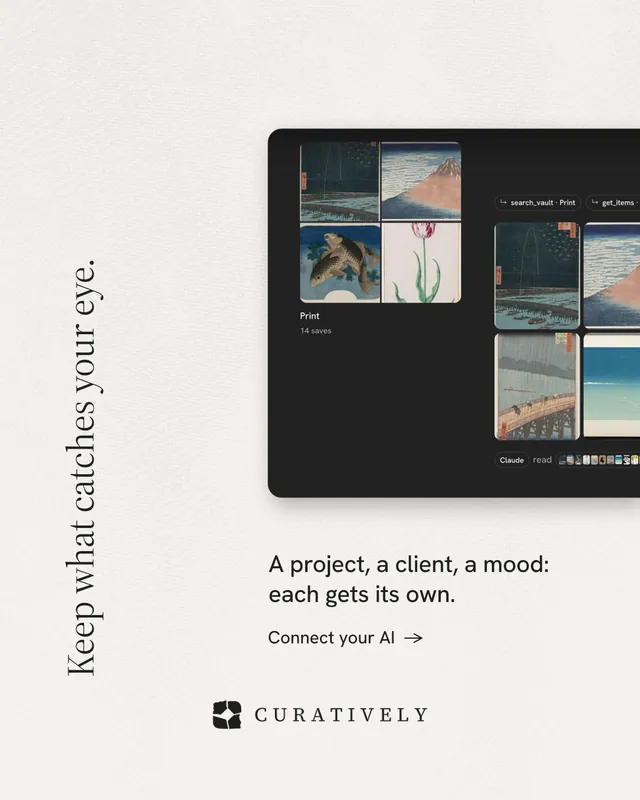 Instagram portrait post for Curatively: "Keep what catches your eye." Minimal luxury style, vertical layout, light palette in white, black.