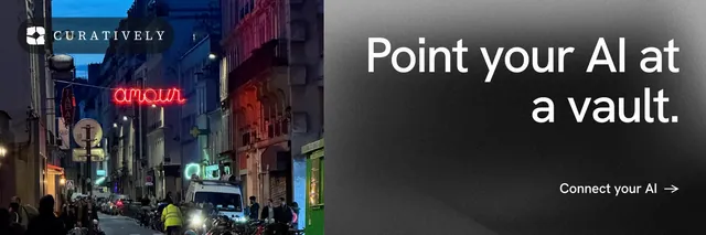 X header for Curatively: "Point your AI at a vault." Minimal luxury style, right layout, dark palette in black, grey.