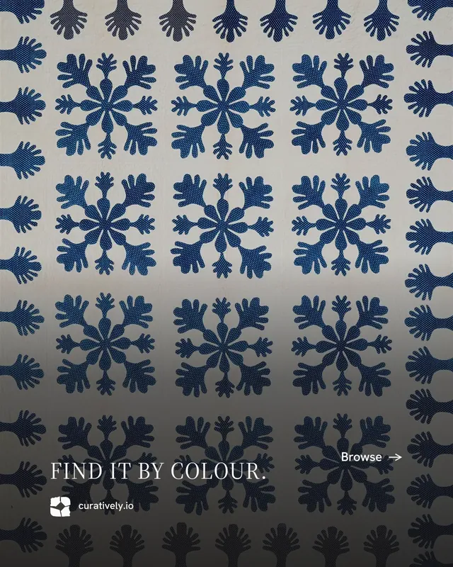 Instagram portrait post for Curatively: "Find it by colour." Editorial style, image led layout, dark palette in grey, black.
