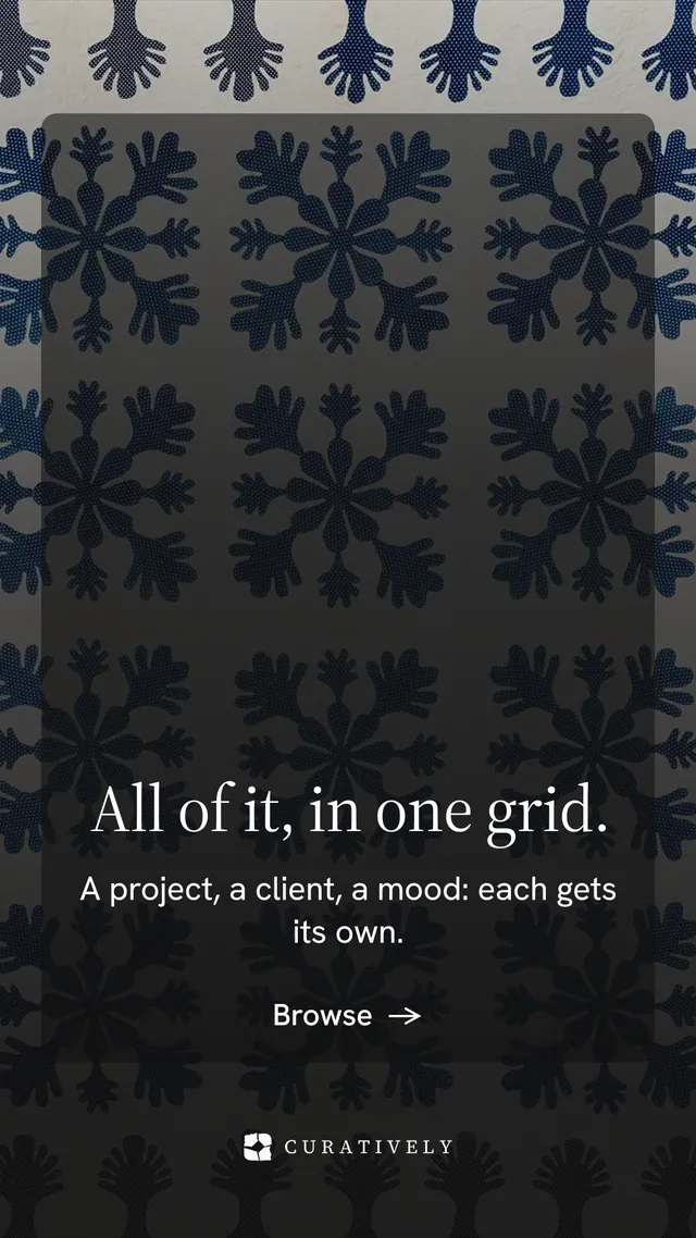 Instagram story for Curatively: "All of it, in one grid." Minimal luxury style, skeleton layout, dark palette in black, grey.