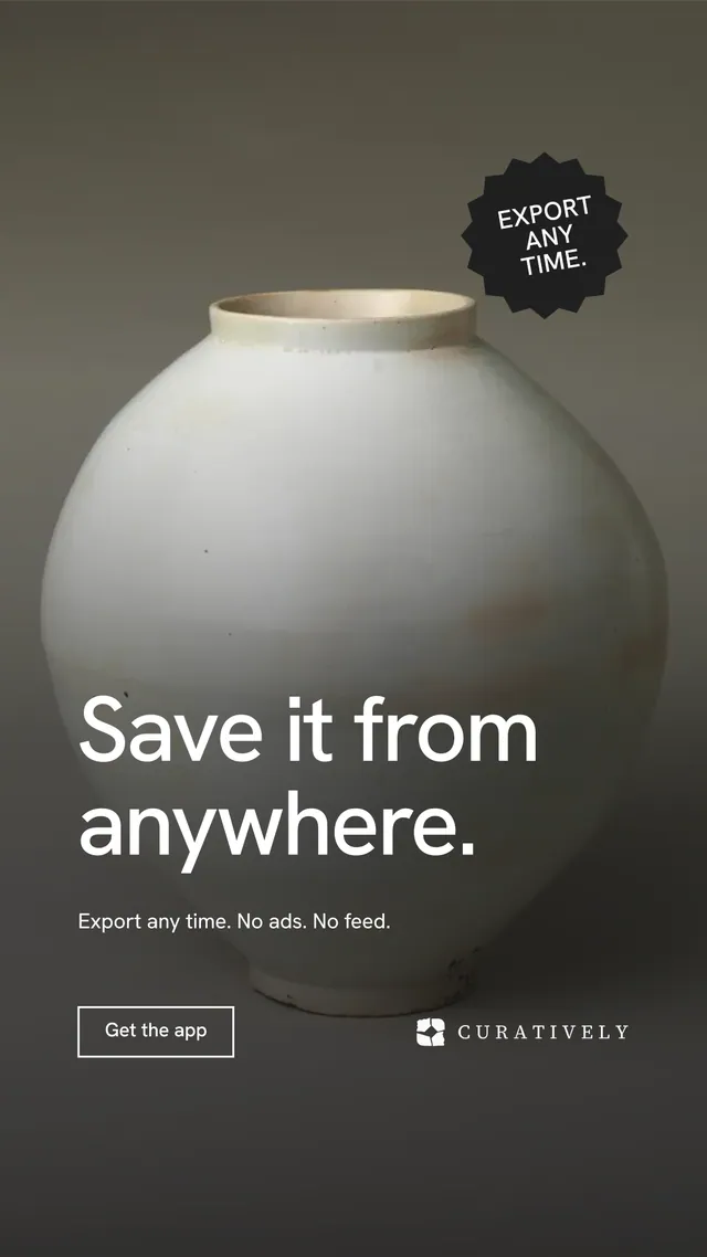 Instagram story for Curatively: "Save it from anywhere." Editorial style, sticker layout, dark palette in grey, black.