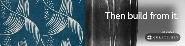 LinkedIn banner for Curatively: "Then build from it." Minimal luxury style, right layout, dark palette in grey, black, blue.