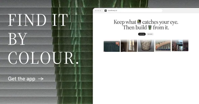 Social ad for Curatively: "Find it by colour." Minimal luxury style, browser layout, light palette in white, black, grey.