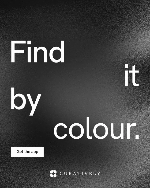 Instagram portrait post for Curatively: "Find it by colour." Swiss style, stacked layout, dark palette in black, grey.