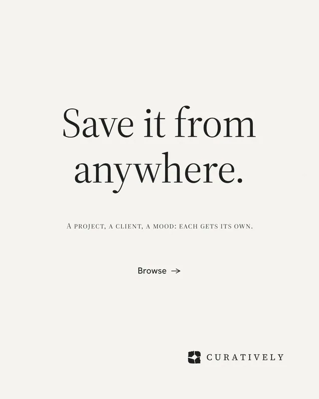 Instagram portrait post for Curatively: "Save it from anywhere." Minimal luxury style, smallcaps layout, light palette in white.