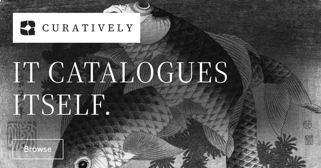 Social ad for Curatively: "It catalogues itself." Editorial style, announce layout, dark palette in grey, black.