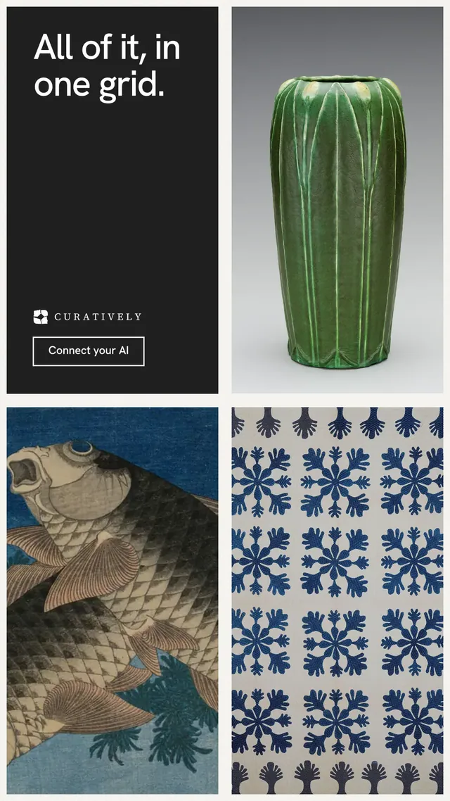 Instagram story for Curatively: "All of it, in one grid." Editorial style, collage layout, light palette in black, grey, white.