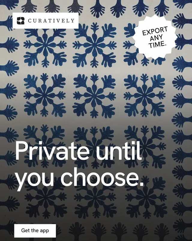 Instagram portrait post for Curatively: "Private until you choose." Swiss style, sticker layout, dark palette in black, grey, white.