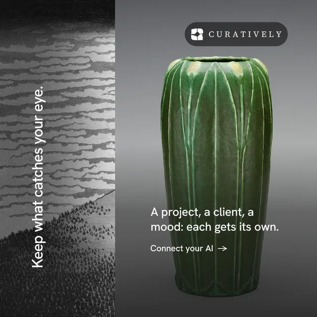 Instagram post for Curatively: "Keep what catches your eye." Minimal luxury style, vertical layout, dark palette in black, grey.