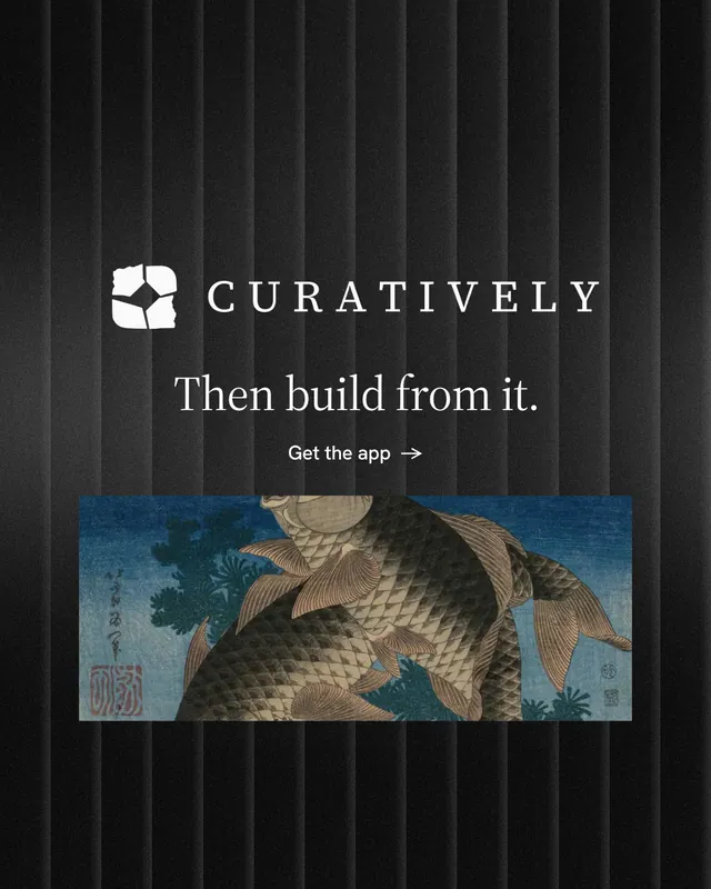 Instagram portrait post for Curatively: "Then build from it." Minimal luxury style, logo hero layout, dark palette in black, grey.