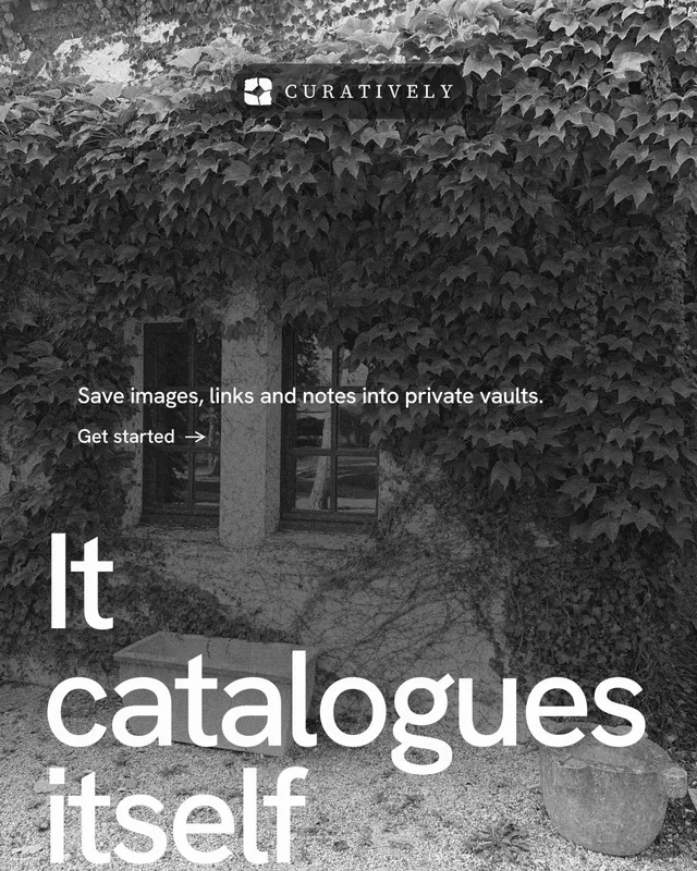 Instagram portrait post for Curatively: "Point your AI at a vault." Minimal luxury style, oversized layout, dark palette in grey, black.