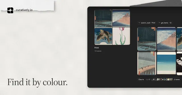 Social ad for Curatively: "Find it by colour." Editorial style, image led layout, light palette in black, white, grey.