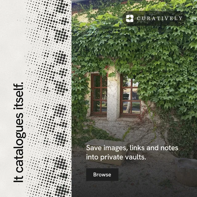 Instagram post for Curatively: "It catalogues itself." Swiss style, vertical layout, light palette in grey, black, white.