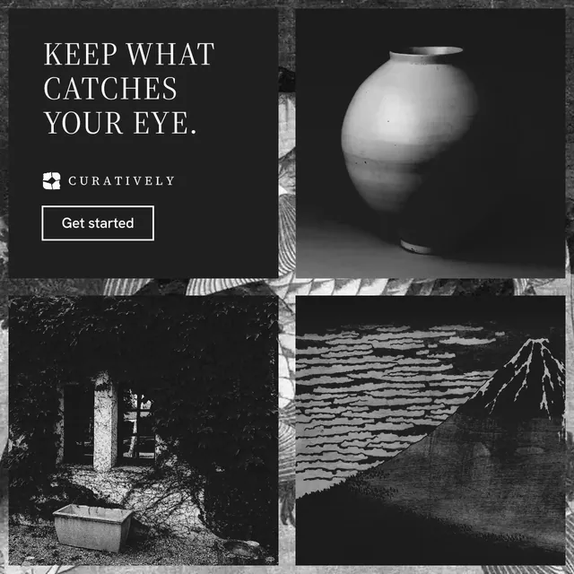 Instagram post for Curatively: "Keep what catches your eye." Editorial style, collage layout, dark palette in black, grey.