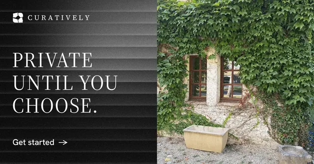 Social ad for Curatively: "Private until you choose." Minimal luxury style, bottom layout, dark palette in black, grey.